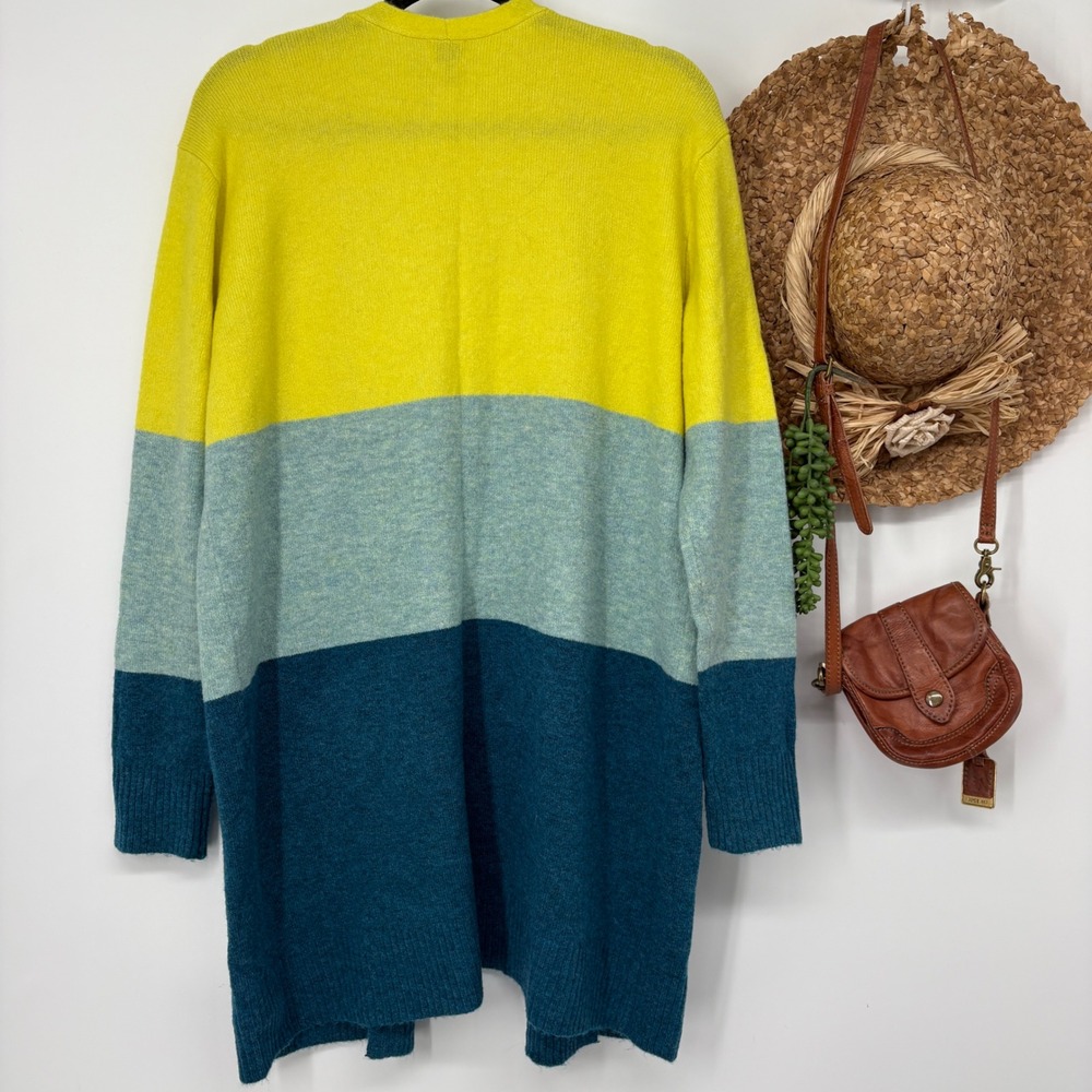 A New Day Medium Open Front Long Cardigan Color Block Oversized Pockets Yellow - Picture 3 of 10